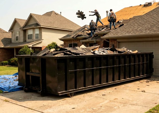 Crew stripping an old roof down to the deck, debris going into the dumpster